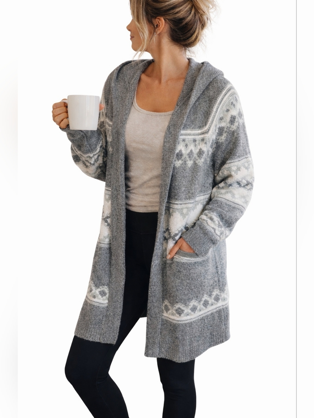 Abercrombie & Fitch Fair Isle Hooded Cardigan Sweater Gray Open Front Duster Med